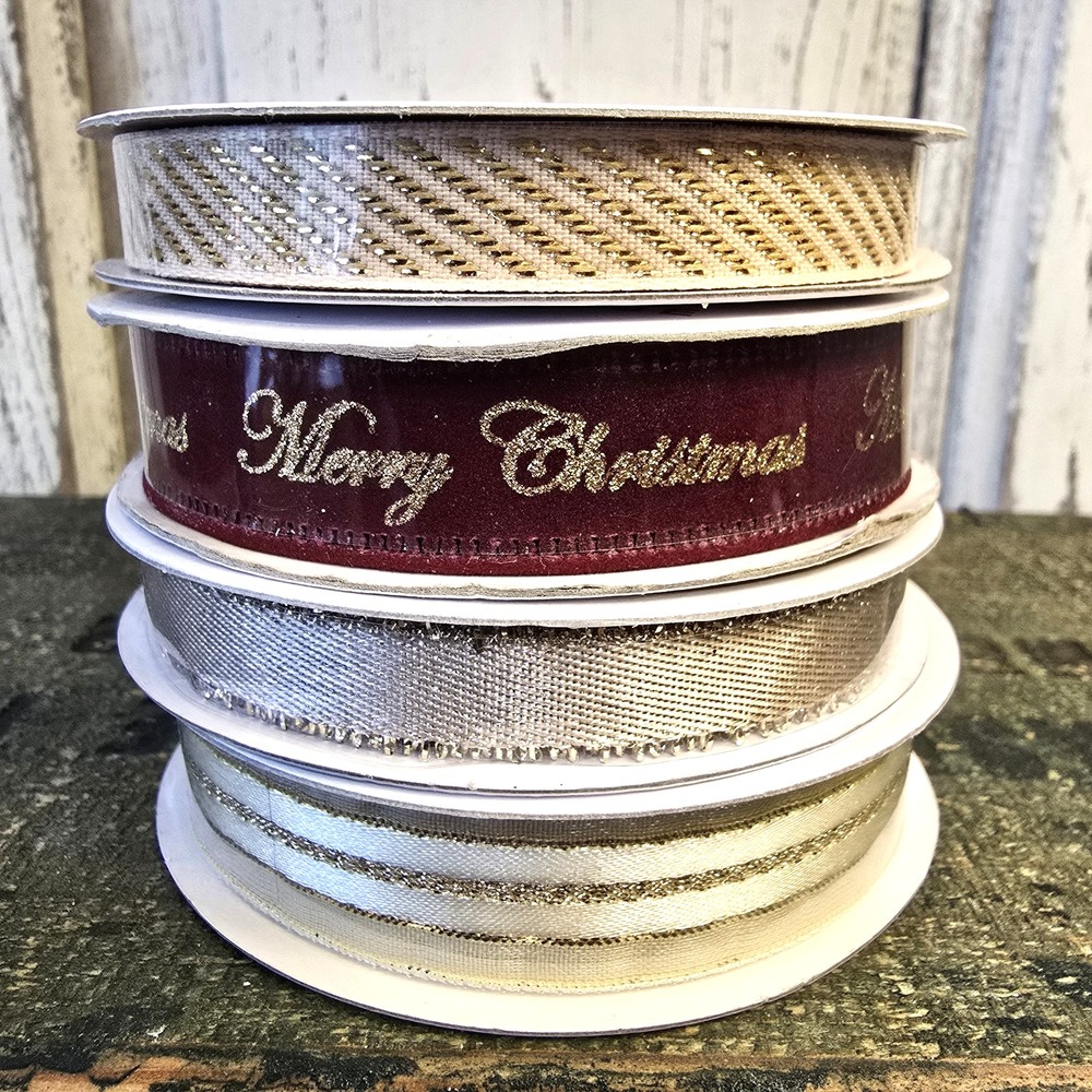 4 PC Celebrate It Christmas Ribbon Gold Burgundy‎ Victorian 3/8" & 5/8" NEW